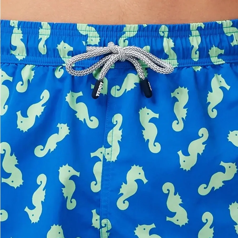 TOM & TEDDY Seahorse Print Swim Trunks Size S in Navy/ Pale Green NWT